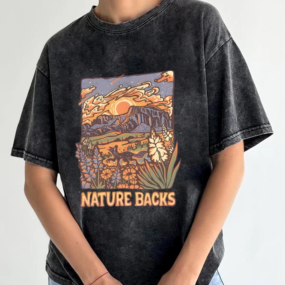Natureza backs bela cena gráfico lavado camiseta manga curta topos unissex camiseta para wemen masculino baggy streetwear presente para ele ela