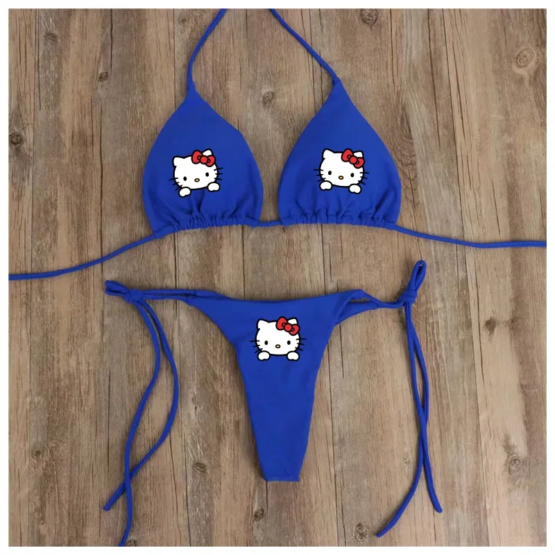 Sanrio-Bikini con cuello Halter para mujer, traje de baño Sexy multicolor, con tirantes divididos, ajustable, Kawaii, HelloKitty, Kuromi My Melody