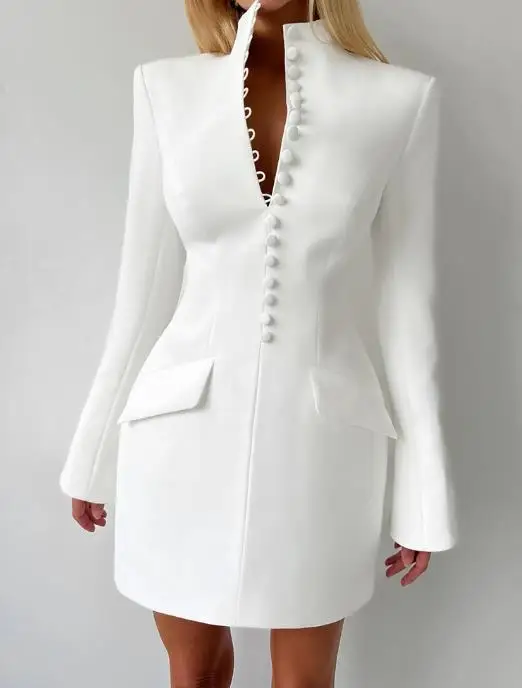 

Spring New French Elegant Fashion Temperament Style Solid Simple Stand Up Collar Button Front Slim Fit Long Sleeved Suit Dress