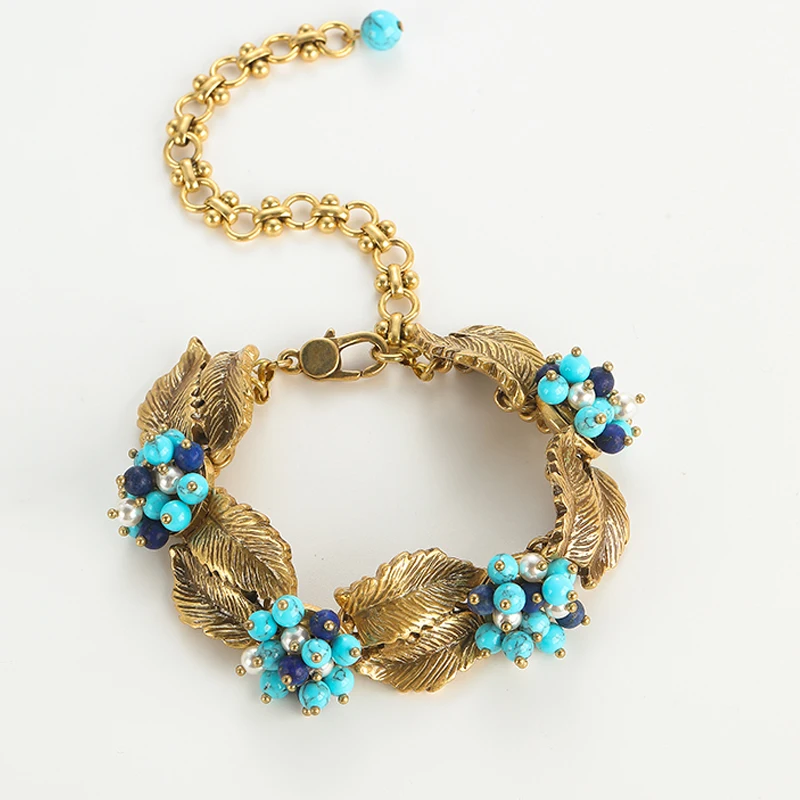 Luxury Woman Leaves Charm Bracelet Italian Designer Boho Blue Beads Pearl Handmade Jewelry Women\'s Accessories Christmas Gifts