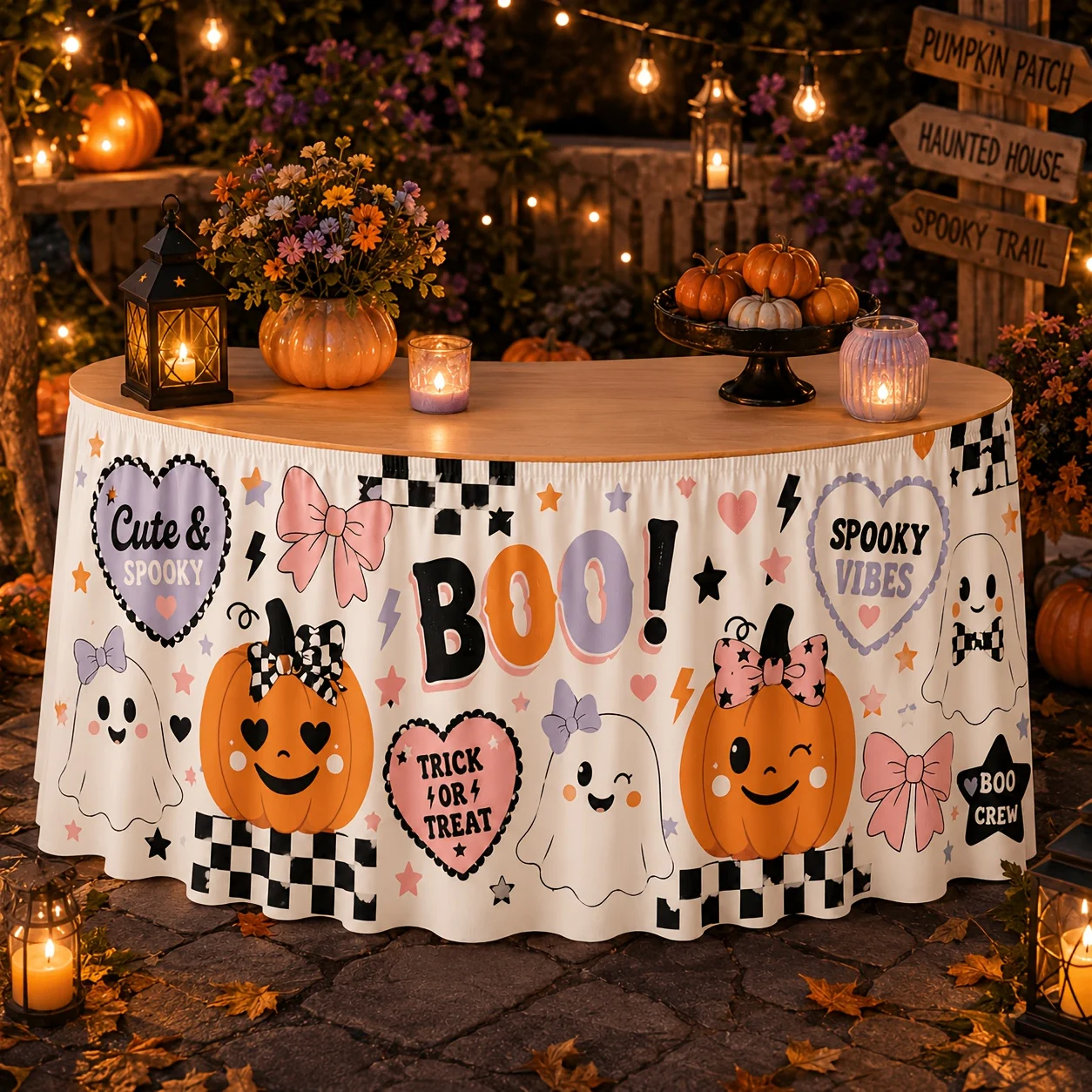 Flat-printed polyester table skirt, durable and cute, featuring a girl's style, perfect for Halloween table decoration.xzj
