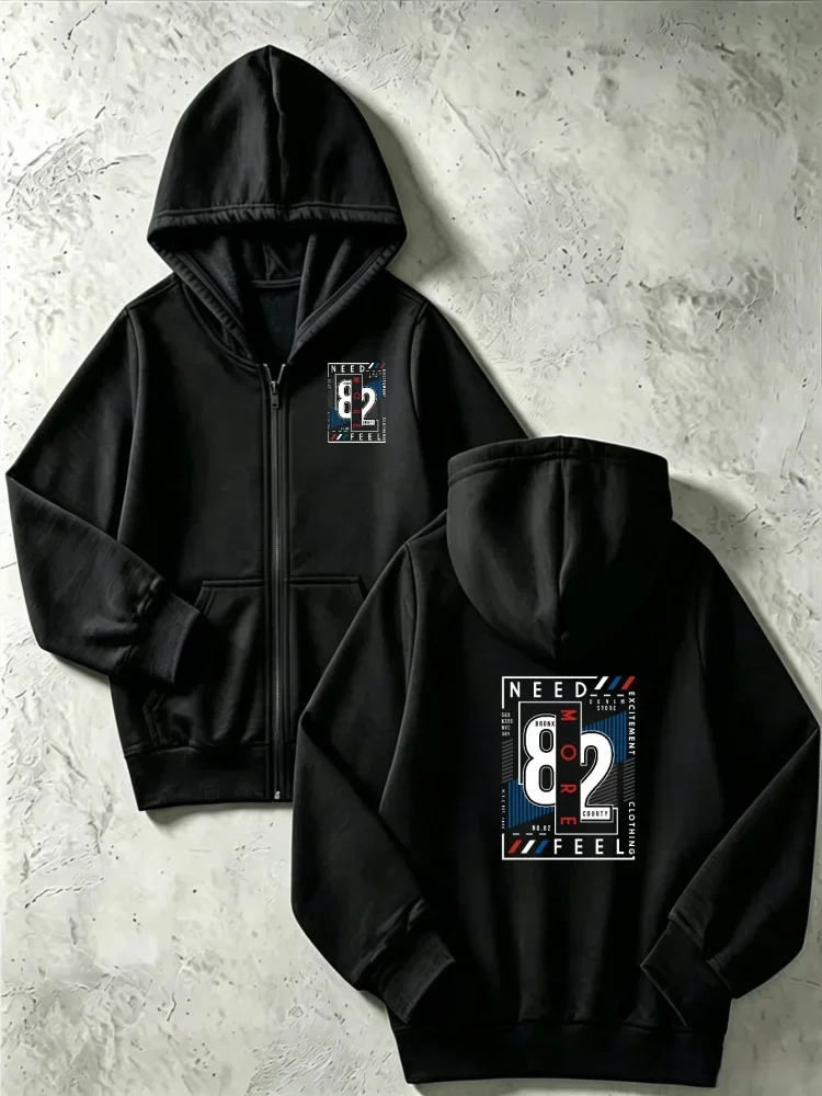 Kid Zip Up Hoodie Front and Back Need More Feel 82 Number Letter Graphic Print Long Sleeve Loose Hooded Jacket Casual Sweatshirt