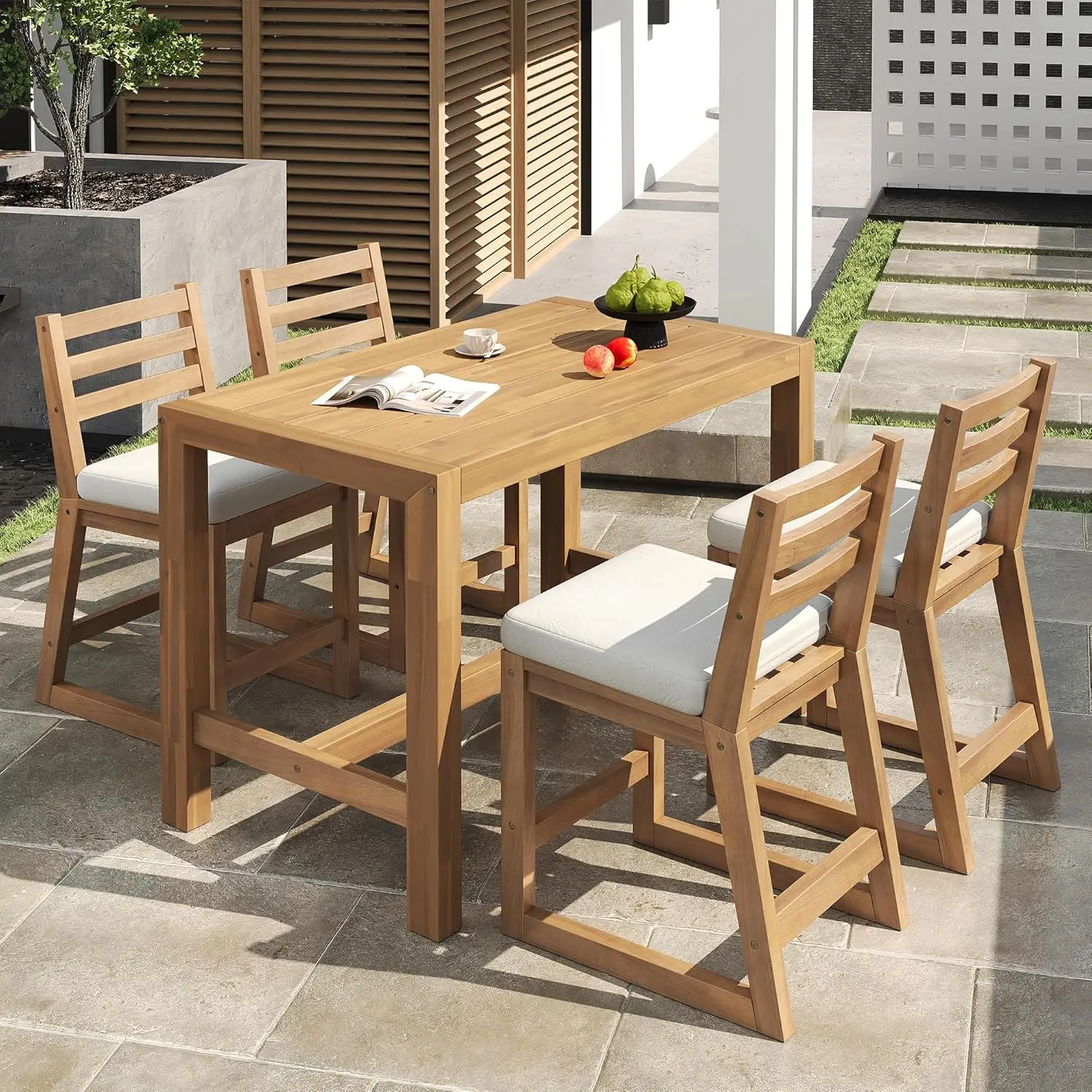 

Five Piece Outdoor Patio Counter Height Dining Set Acacia Wood Bar Table Ergonomic Chairs Removable Cushion All Weather Bistro C
