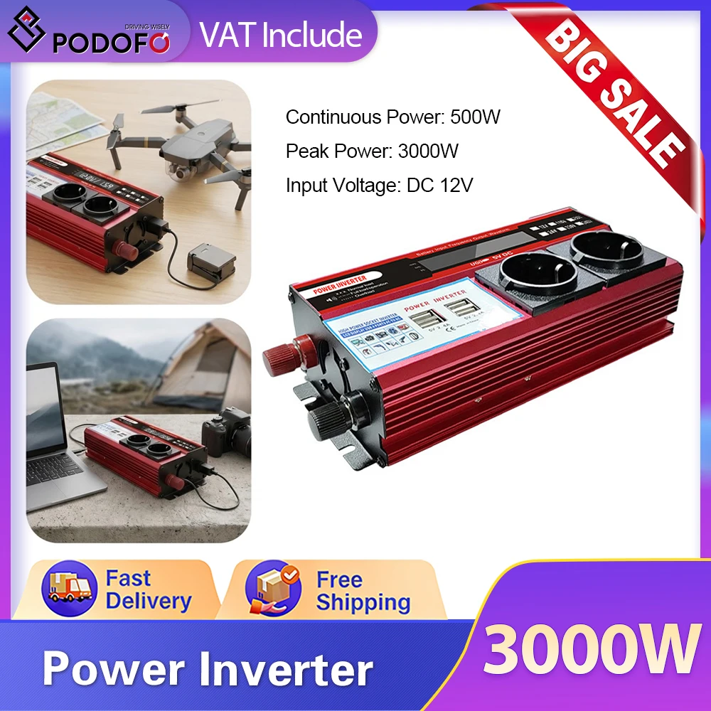 Convertisseur d'alimentation Podofo pour voiture, camping-car, bateau, 500W, DC 12V vers AC 220V, prise universelle EU US UK avec 4 USB/2 prises universelles