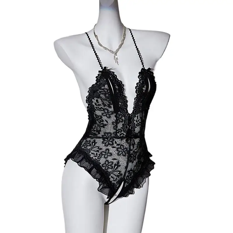 Black Hollow Out Lace Women's Sleepwear Dresses Lingеrie Set Nightdress Contrast Lace Backless Sleep Mini Dress Pijama Mujer