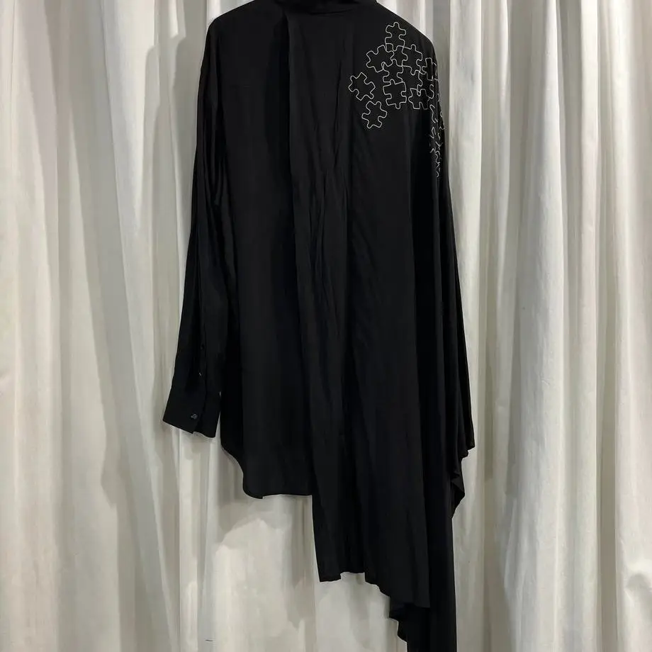 TOP-YAMAMOTO ® Dark style printed shirt for men, long-sleeved asymmetrical design, cool and casual style