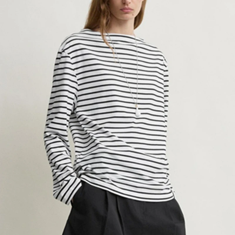 Maxdutti Nordic Minimalist Beautiful Pure Cotton Boat Neck Striped Long Sleeved T-shirt For Women Autumn T-shirt Woman Clothes