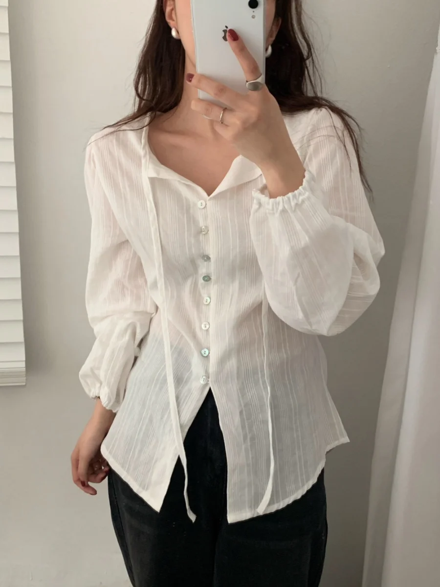 

Slim Fit Women's irt Vertical Stripe Single Button Ba Tie Thin Micro Translucent Classy Front Slit Long Sve Cotton Wor...