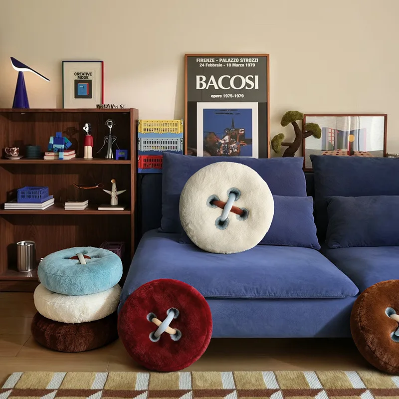 40cmRetro Button Shape Plush Pillow Color Block Accent Cushion Soft Chair Back for Sofa Bedroom Living Room Home Decoration Gift