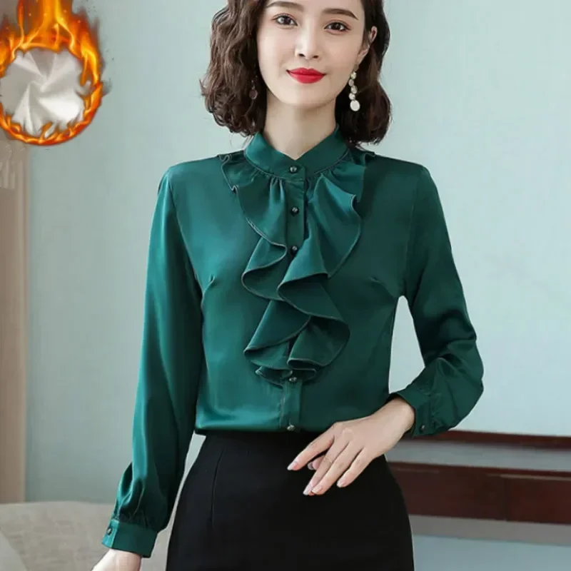 

ruffles shirts full sleeve women winter plus fleece lining shirts woman satin green tops for women blusas mujer