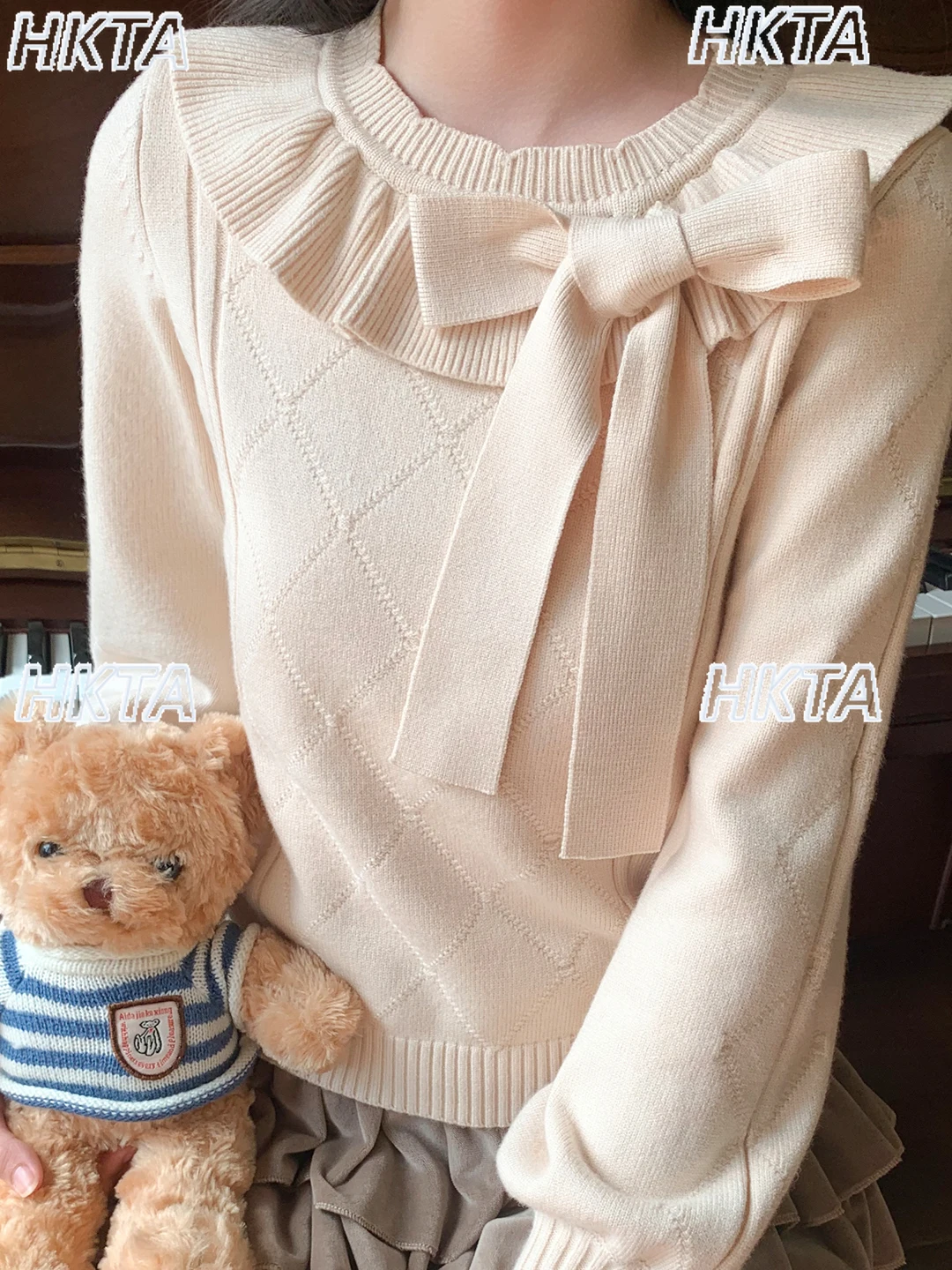 Lolita Rüschen Rand Rundhals Bogen Raute Lange Ärmeln Gestrickte Bodenbildung Pullover Herbst Lose Süße Pullover Pullover Top Frauen