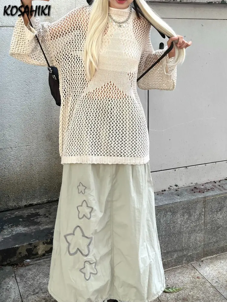 KOSAHIKI Hollow dzianina Y2k estetyczny cienki sweter Harajuku Streetwear Punk przezroczyste koszulki Jumper Ropa De Mujer bajki Grunge