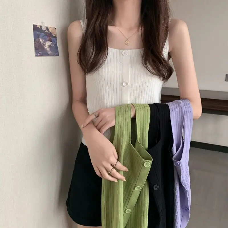 

Вязаный жилет на подтяжках, женский летний жилет со свободным чехлом на груди, короткий топ без рукавов