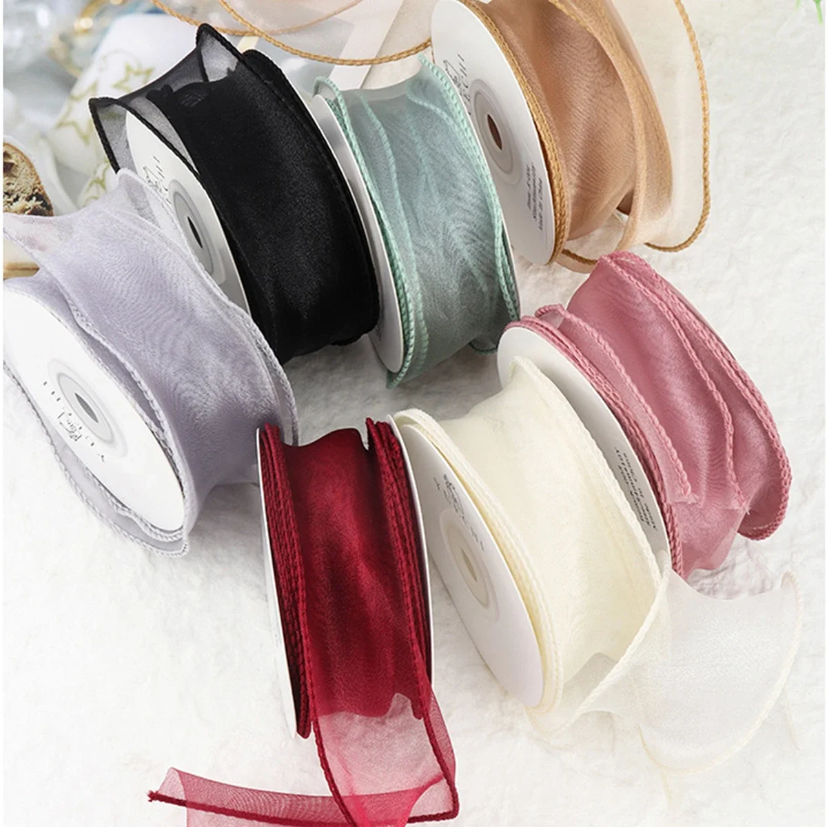 4CM*10M Sheer Wired Organza Ribbons Silk Chiffon Ribbon For Gifts Wrapping Bouquet Wedding Invitation Birthday Party Decorations