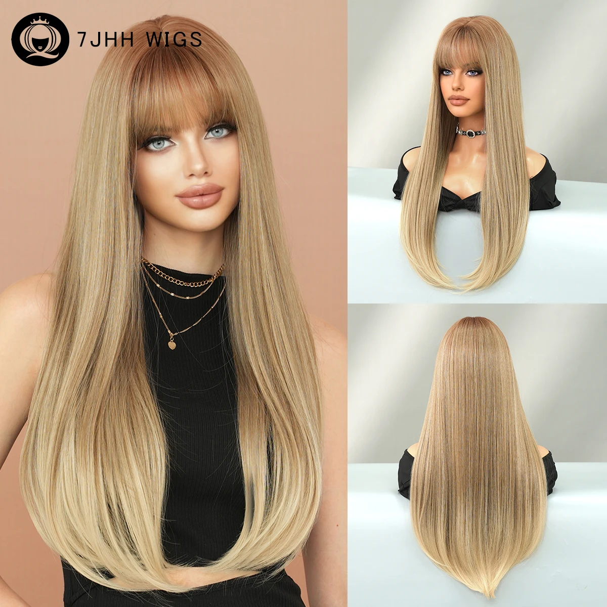 

7JHH WIGS Long Straight Blonde Brown Wigs with Light Roots High Density Synthetic Layered Hair Wig for Women Daily Use 28Inches