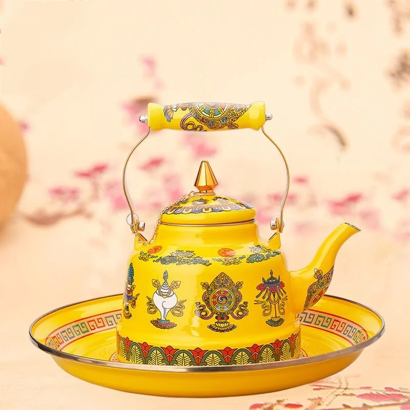 Enamel Tibetan Style Kettle Eight Auspicious Symbols Pattern Yellow Traditional Butter Portable Kettle Home Tea Making Tableware