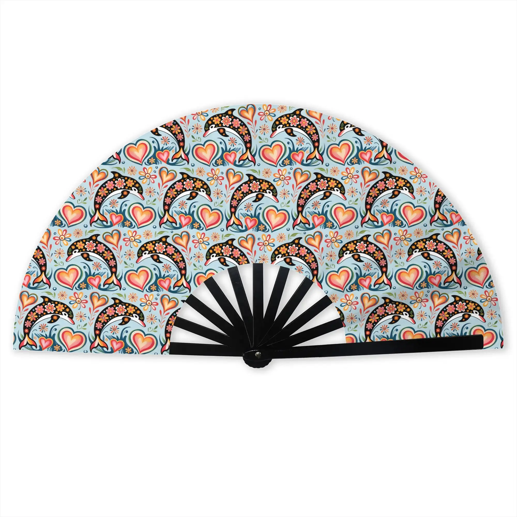 Boho Floral Diving Dolphins  Stylish Hand Fan Women Ocean Sea Life Blue  Printed Polyester Fan Trendy For Wedding Party Gift