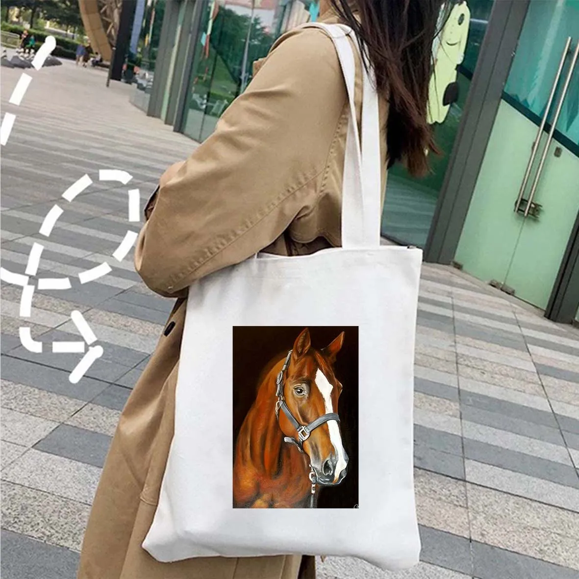Wild Spirit Horses Oil Painting White Black Brown Horse Sunset Women's Canvas Shoulder Shopper Tote Bag Cotton Shopping Handbags
