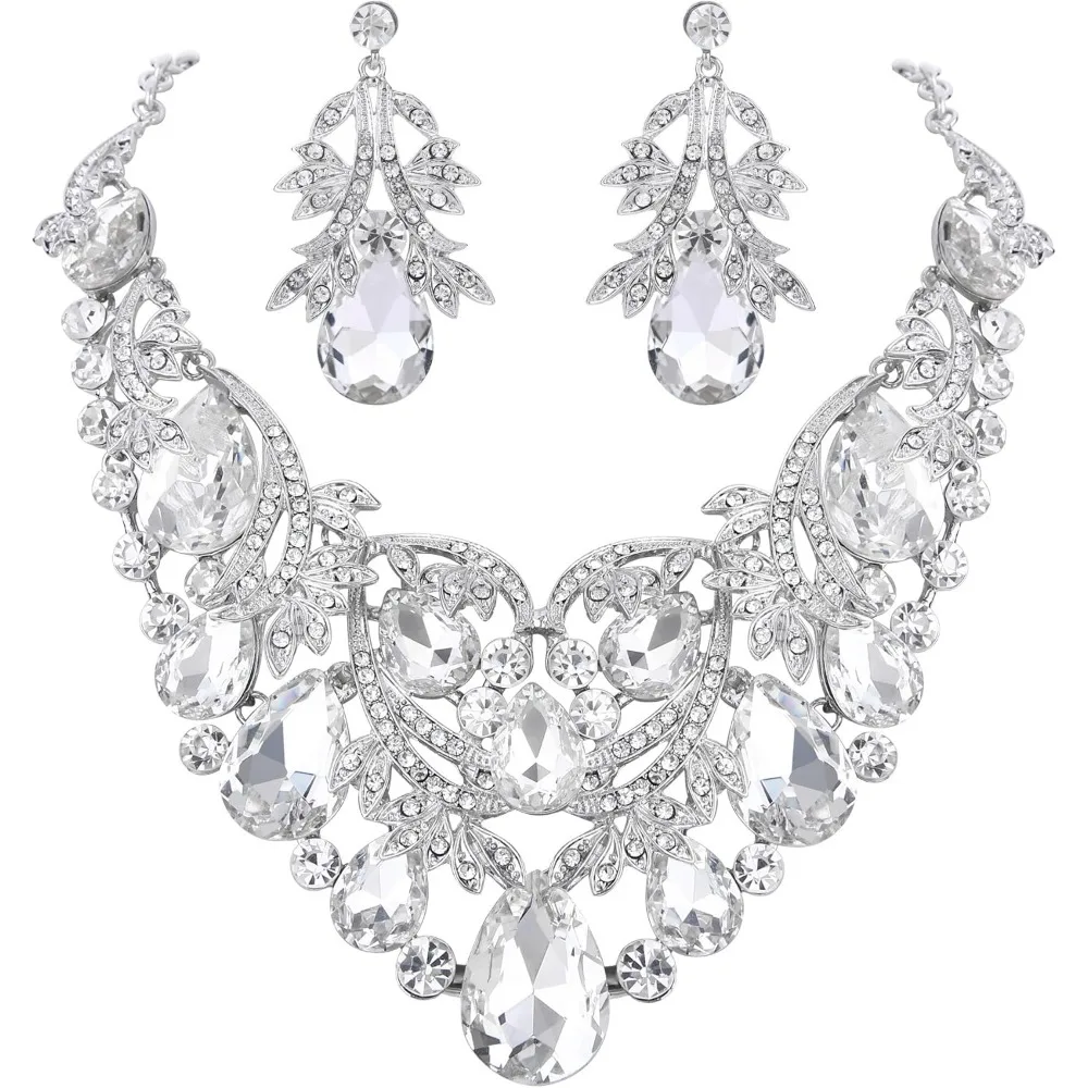 

Bohemian Crystal Teardrop Leaf Necklace and Dangle Earrings Set for Women