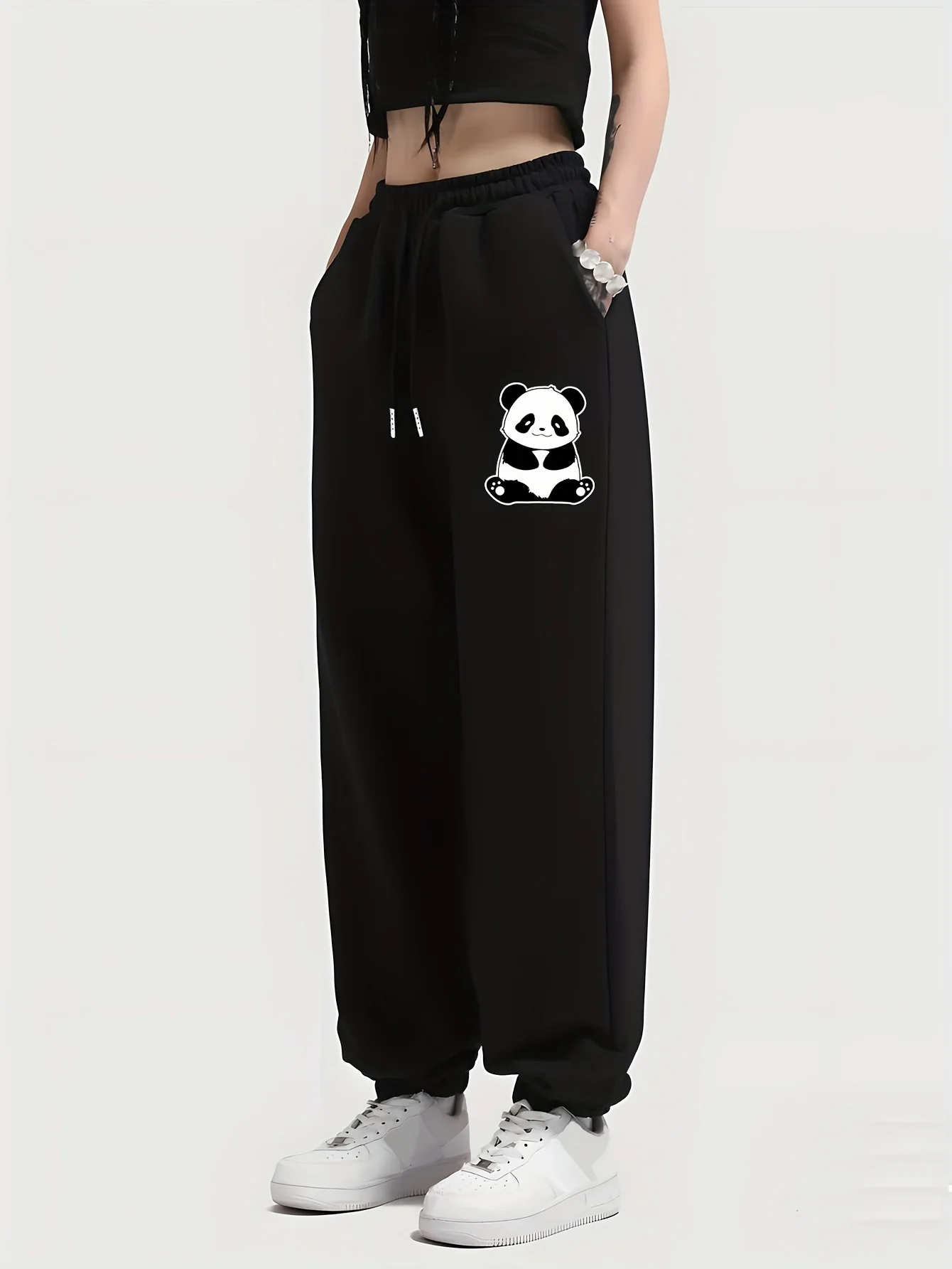 Lovely Panda Print Casual Sports Pants, Drawstring Elastic Waist Slant Pockets Jogger Sweatpants, Women's Clothing