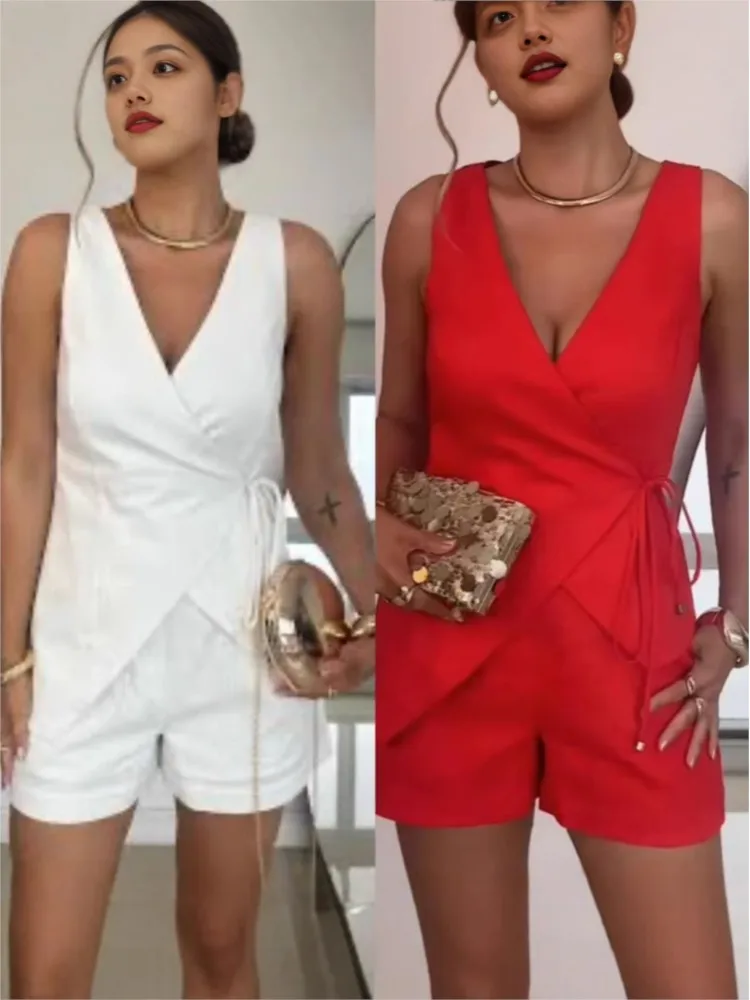 

2025Summer Sleeveless Slim Women Suit Elegant Office Lady Two Piece Set Sexy V Neck Lace Up Top +Shorts Outfit Casual Solid Sets