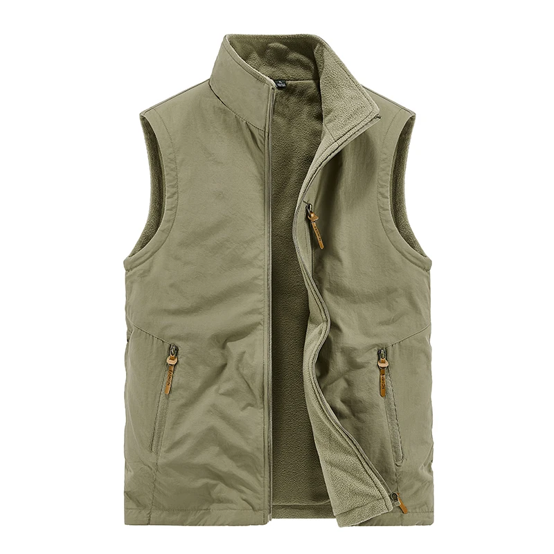 

Winter Fleece Vests Men Stand Collar Windproof Cargo Vest Multi Pockets Solid Warm Sleeveless Waistcoat for Men