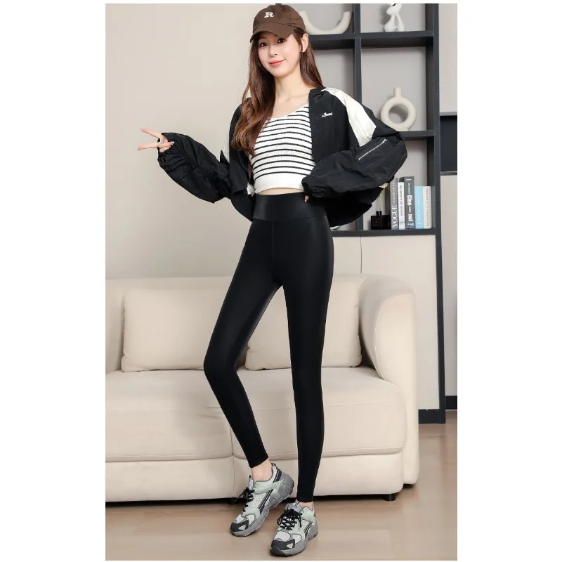 Winter PU Leather Wool Lined Tight Pants for Women, High Waist Thickened Warm Lamb Cashmere Slimming Pencil Pants, Pants