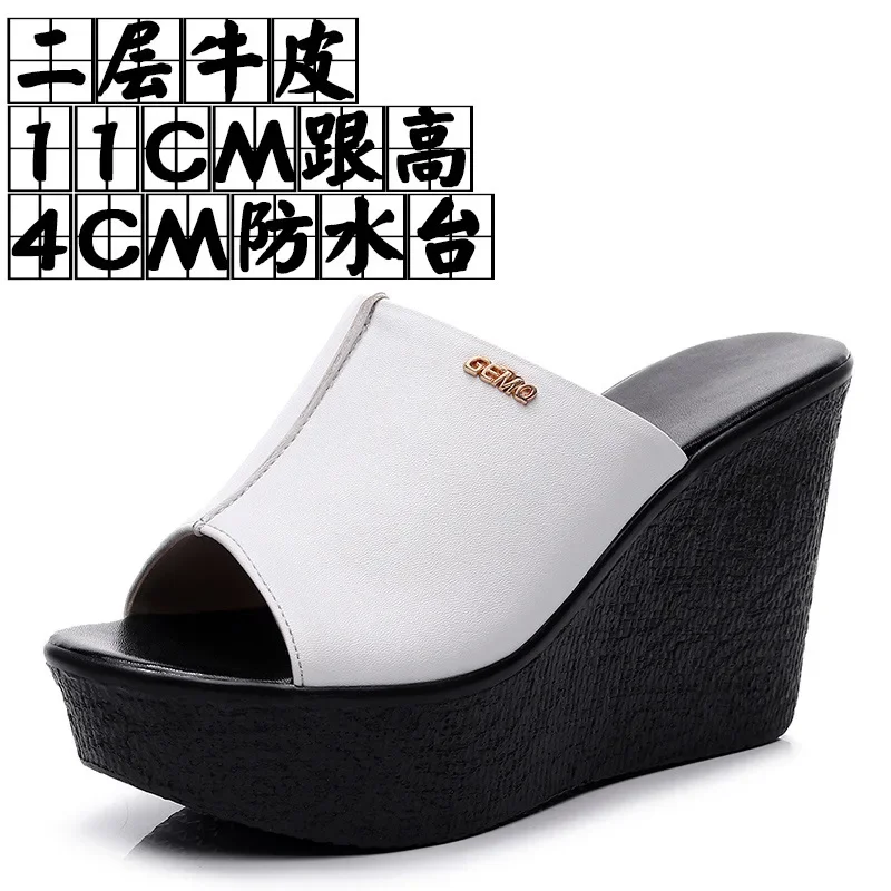 

32-43 11CM 2025 Genuine Leather Wedges Heeled Summer Slippers Ladies Shoe Peep Toe Women's Slipper Female Platform Beach Sandals