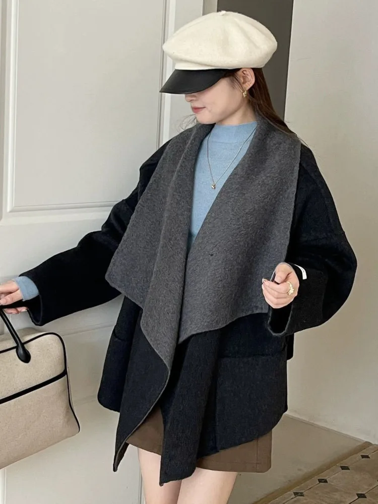 ZMEENNA Cappotto da donna elegante reversibile in misto lana con collo a scialle aperto sul davanti Capispalla invernale caldo oversize ZM3663