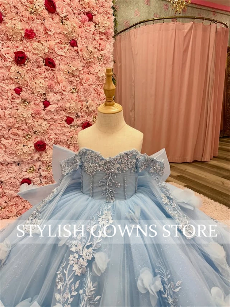 Robes De Quinceanera bleues scintillantes avec nœud, robe De fête d'anniversaire en dentelle avec perles De fleurs 3D, 15 ans