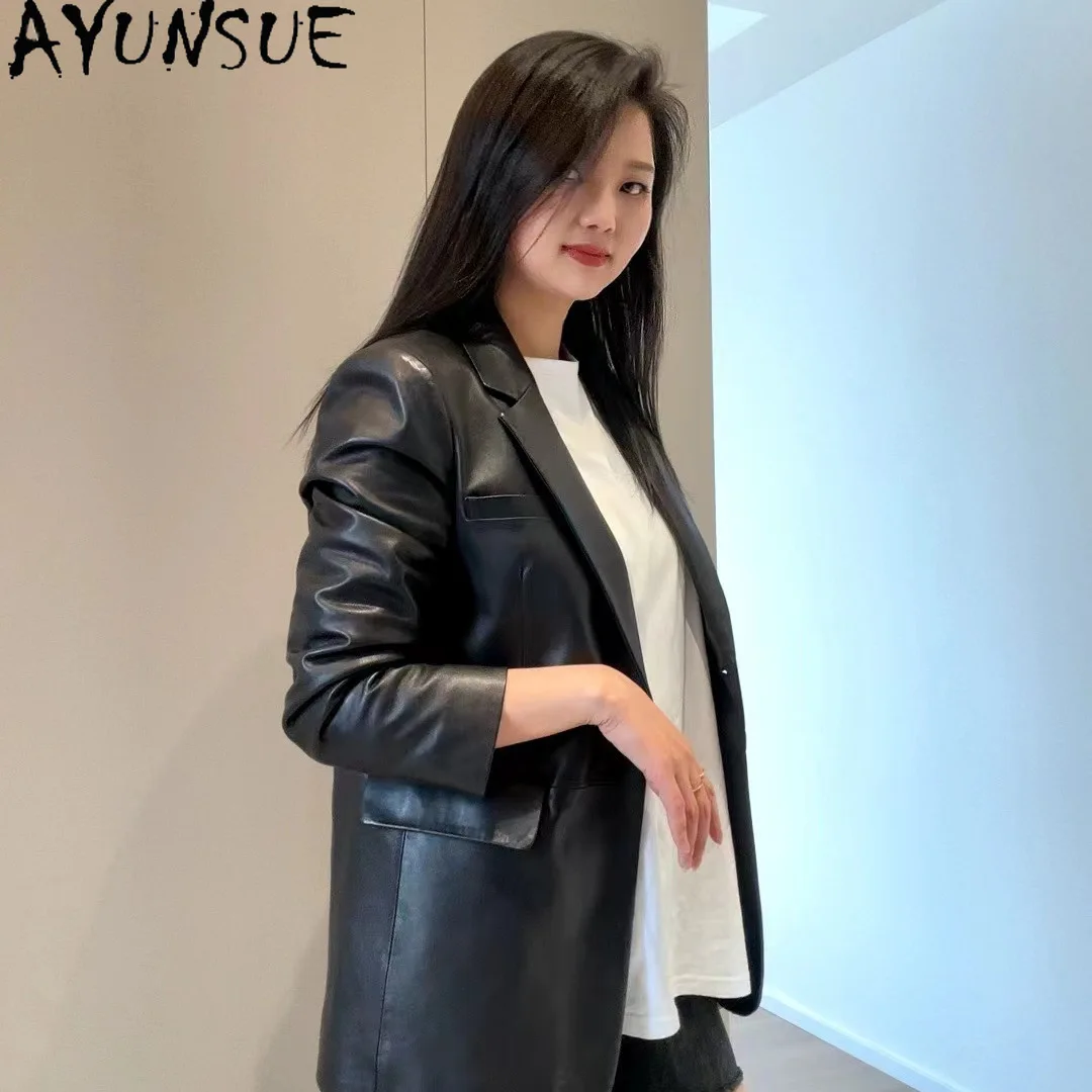 AYUNSUE Echt Leder Jacke Frau Schaffell Frauen Mäntel Frühling Herbst Frauen Kleidung 2025, Mid-länge Anzug Mantel Jaqueta de Couro