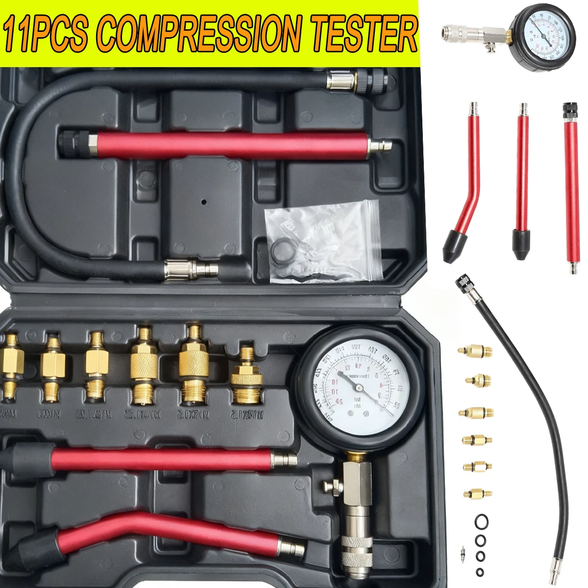 Petrol Engine Compression Tester Kit 0-300 PSI Diesel Engine Cylinder Pressure Gauge Tool Set for Car Motorcycles