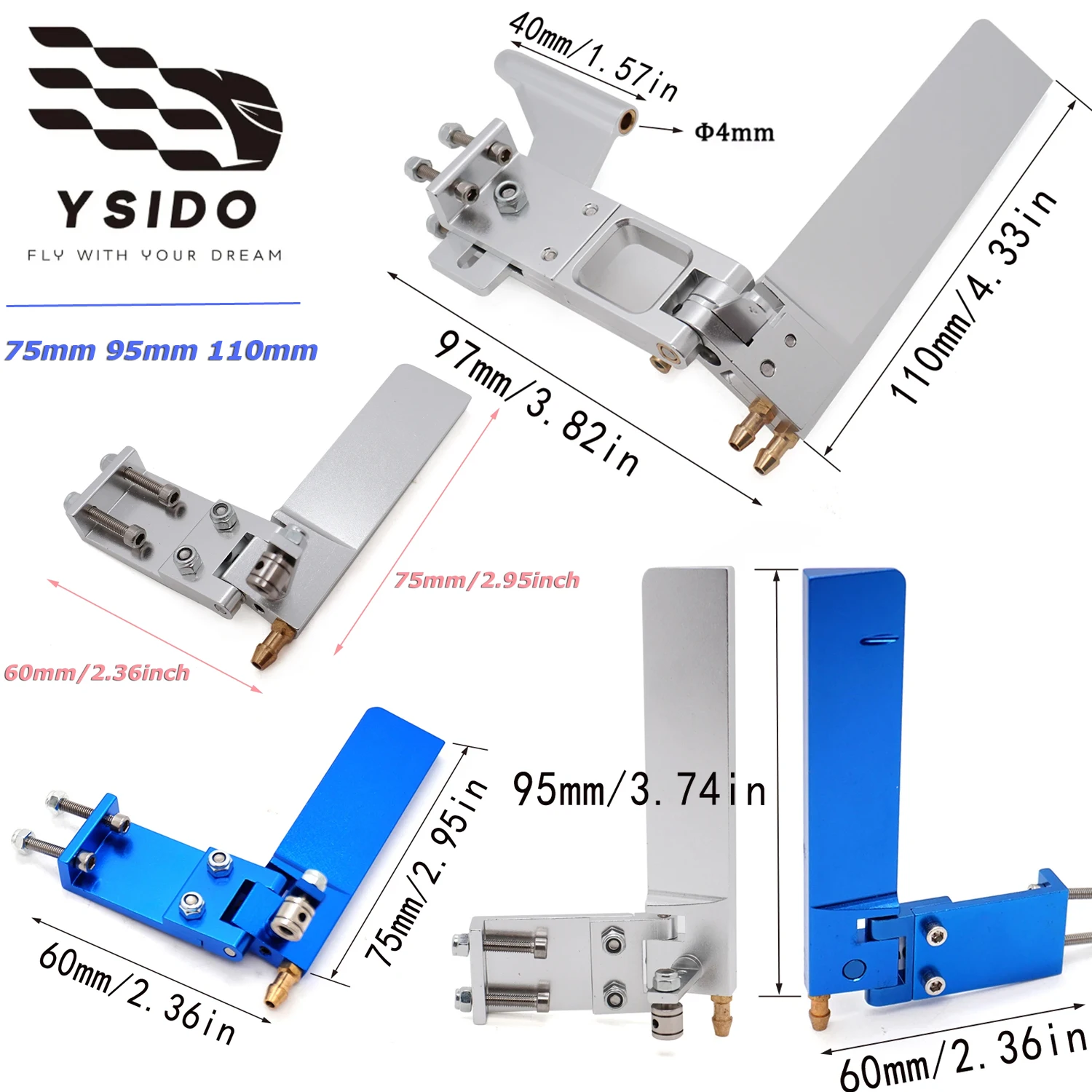 Image of YSIDO RC Boot Aluminium Legierung Marke Neue 75mm 95mm 110mm Metall Saug Wasser Ruder Für Fernbedienung RC Boote CNC Upgrade Teile