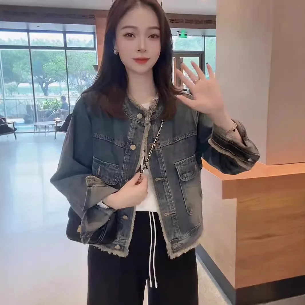 

Women Denim Jackets Short Coat Streetwear Outerwear Round Collar Single Breasted Pockets Washed Distressed Vintage 2025 Autumn