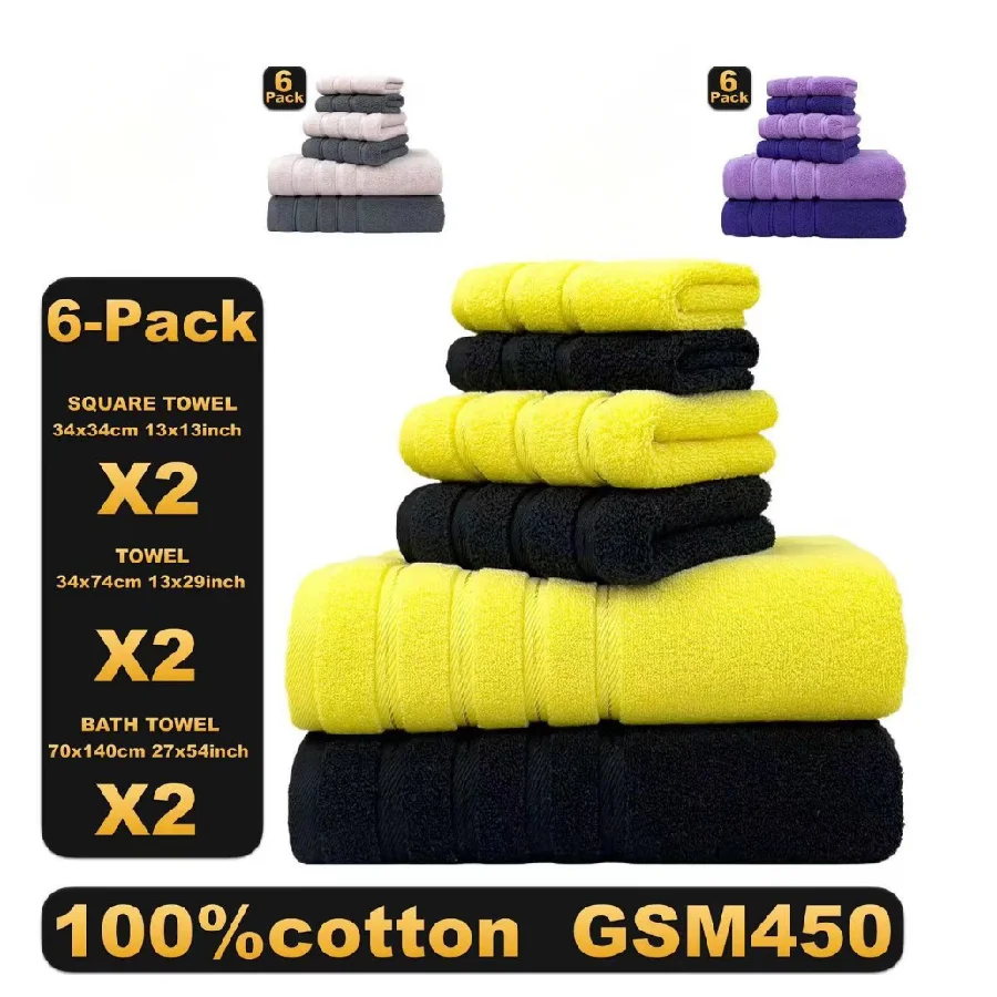 

100% Cotton 6 Piece Bath Towel Set-2 Bath Towels , 2 Hand Towels, 2 Washcloths Highly Absorbent Bathroom Towel Set