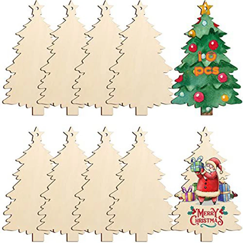 10PCS Christmas Wooden Tree Pendants Xmas Tree Hanging Ornaments Kids DIY Graffitable Wood Crafts For Home Christmas Party Decor