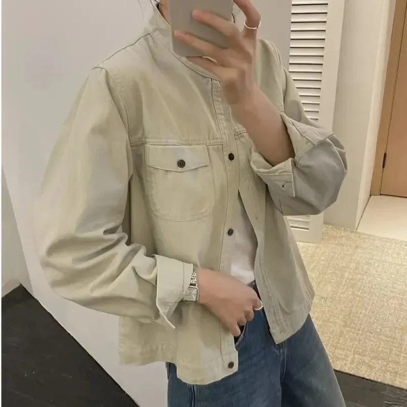 

Retro Shirt Jacket Women's 2025 Spring Autumn New Coat Joker Stand Collar Short Outerwear Casual Frock Overwear Female Tide Tops