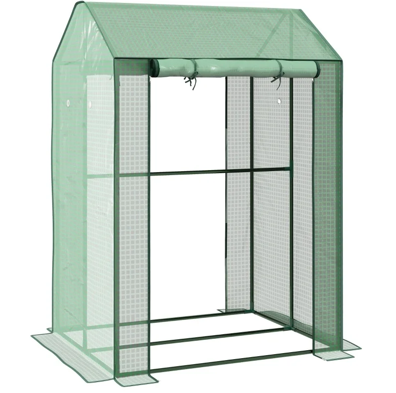 Maisentiel Kas met twee kamers en oprolbare deuren, 100x80x150 cm, groene PE-afdekking