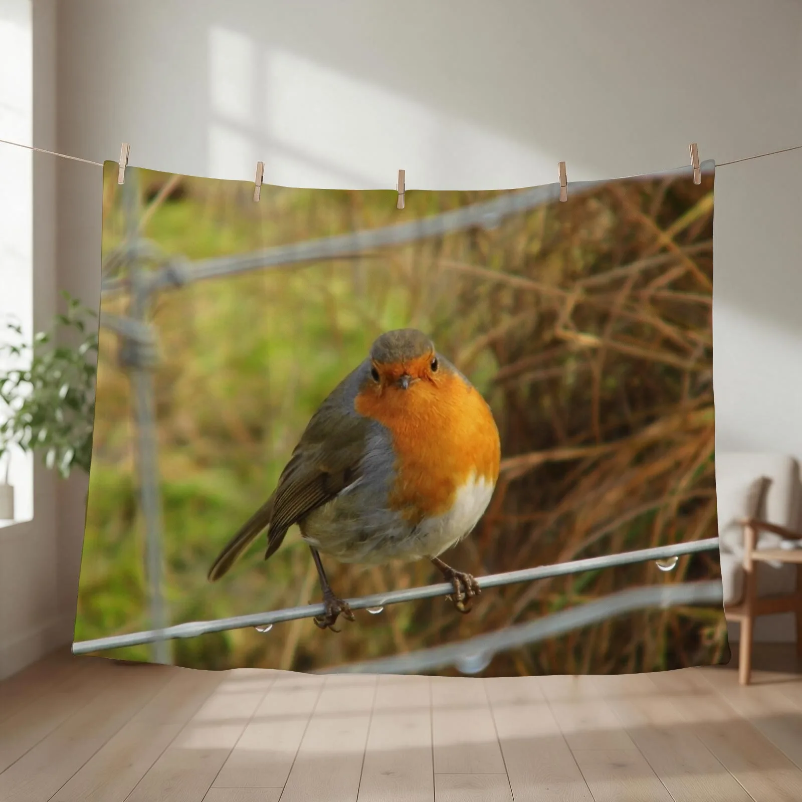 Cute Robin Bird On a Fence Photograph Throw Blanket couch cozy soft plush fuzzy picnic outdoor blanket