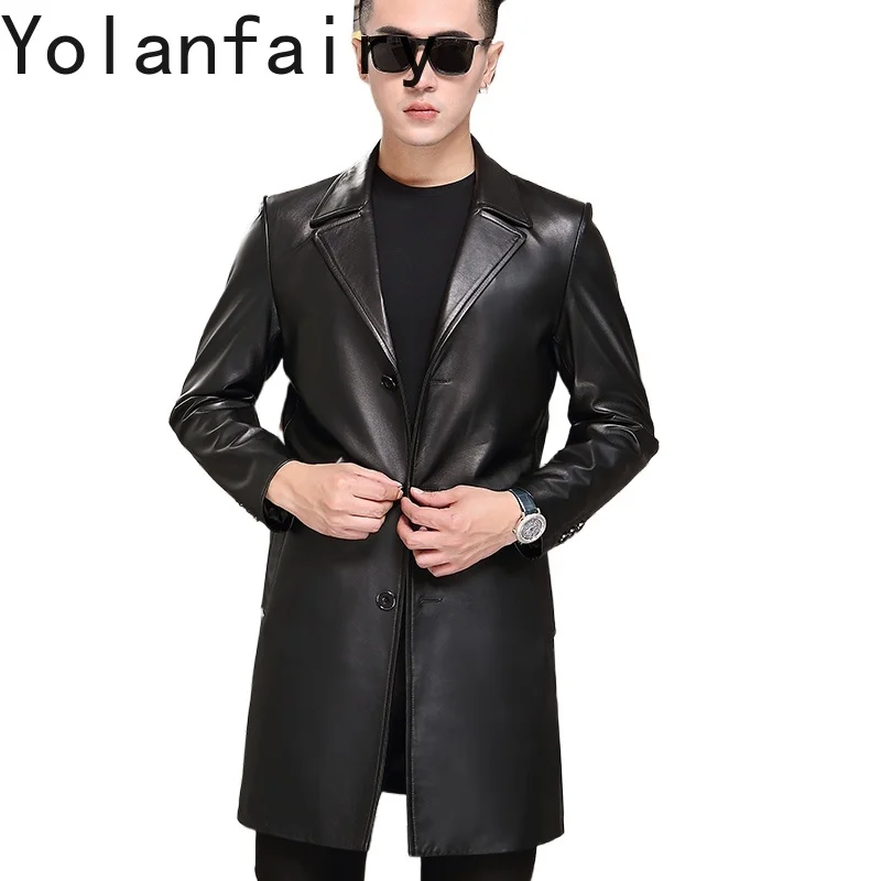 

YOLANFAIRY Тренчи из натуральной овчины, мужские весенне-осенние повседневные куртки средней длины из натуральной кожи, мужская облегающая верхняя одежда