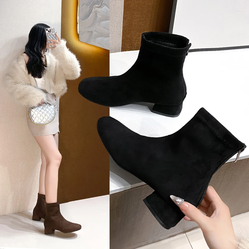 2025 Autumn Winter Suede Women Back Zip Ankle Boots Fashion Square Heel Ladies Elegant Low Heels Short Booties Women's Footwear
