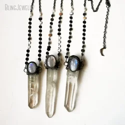 10pcs Collar Arcane Quartz Crystal Moonstone Talisman Statement Necklace Boho Wicca Witch Goth Y2k Stainless Steel Chain Jewelry