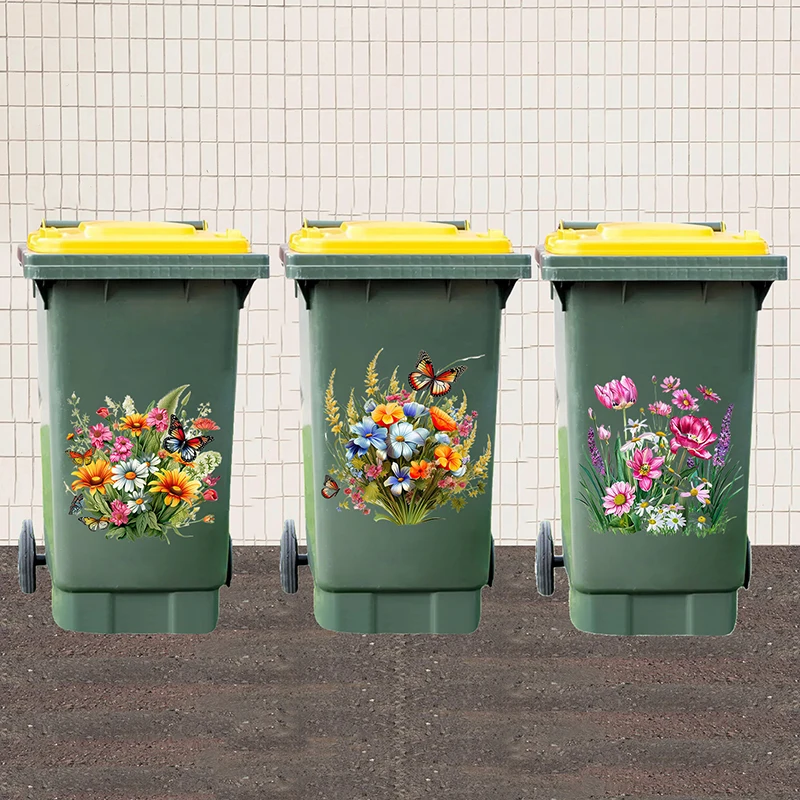 Sunflower Trash Can Stickers Floral Wheel Trash Can Stickers Self-Adhesive Waterproof PVC Decals For Walls Bathroom Home Decor