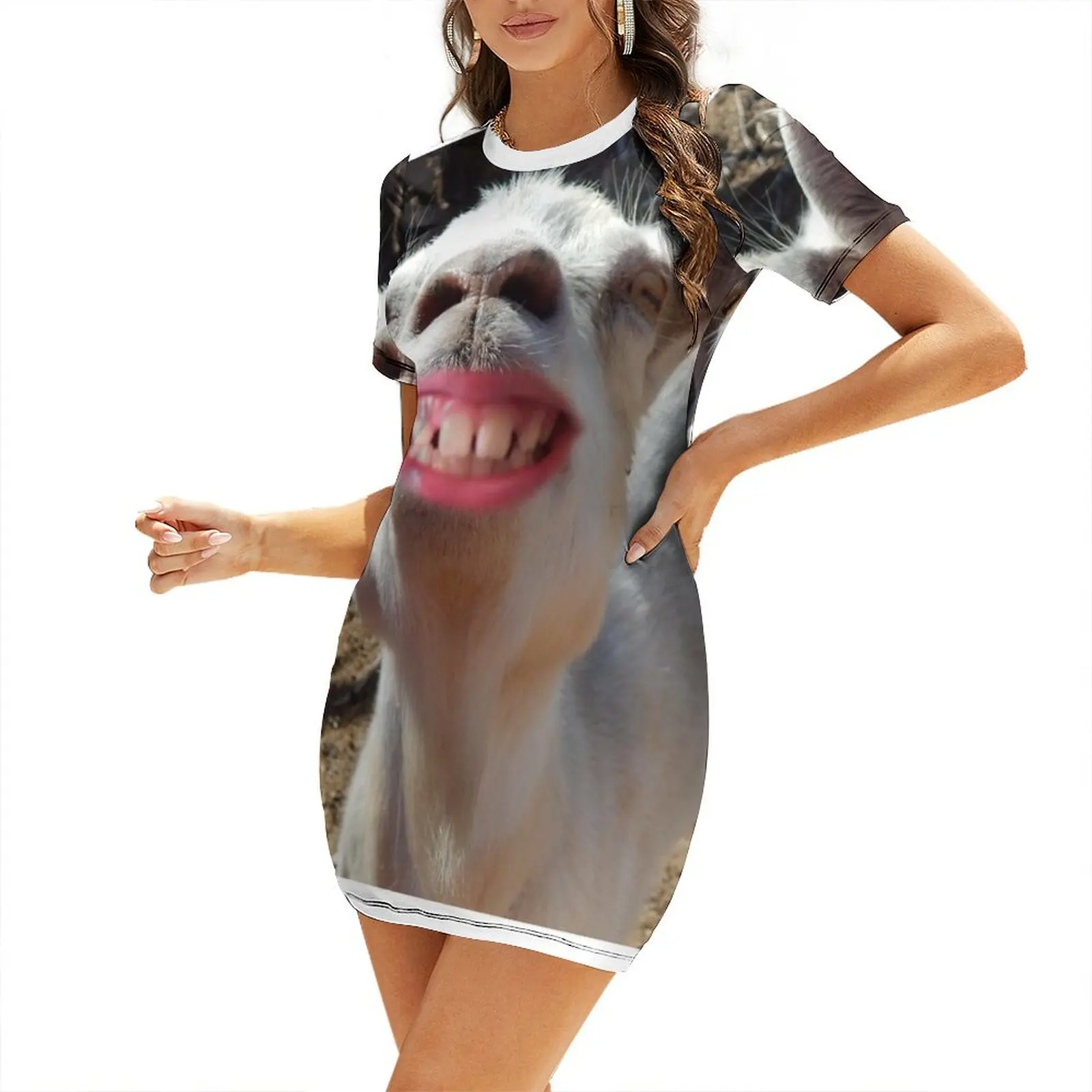 

funny smiling goat Short-Sleeved Dress Woman fashion Elegant gown evening dress woman wedding guest dress 2025