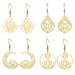 Dawapara Lotus Flower Dangle Earrings for Women Stainless Steel Round Flower Charm Yoga Jewelry Buddhist Spiritual Amulet