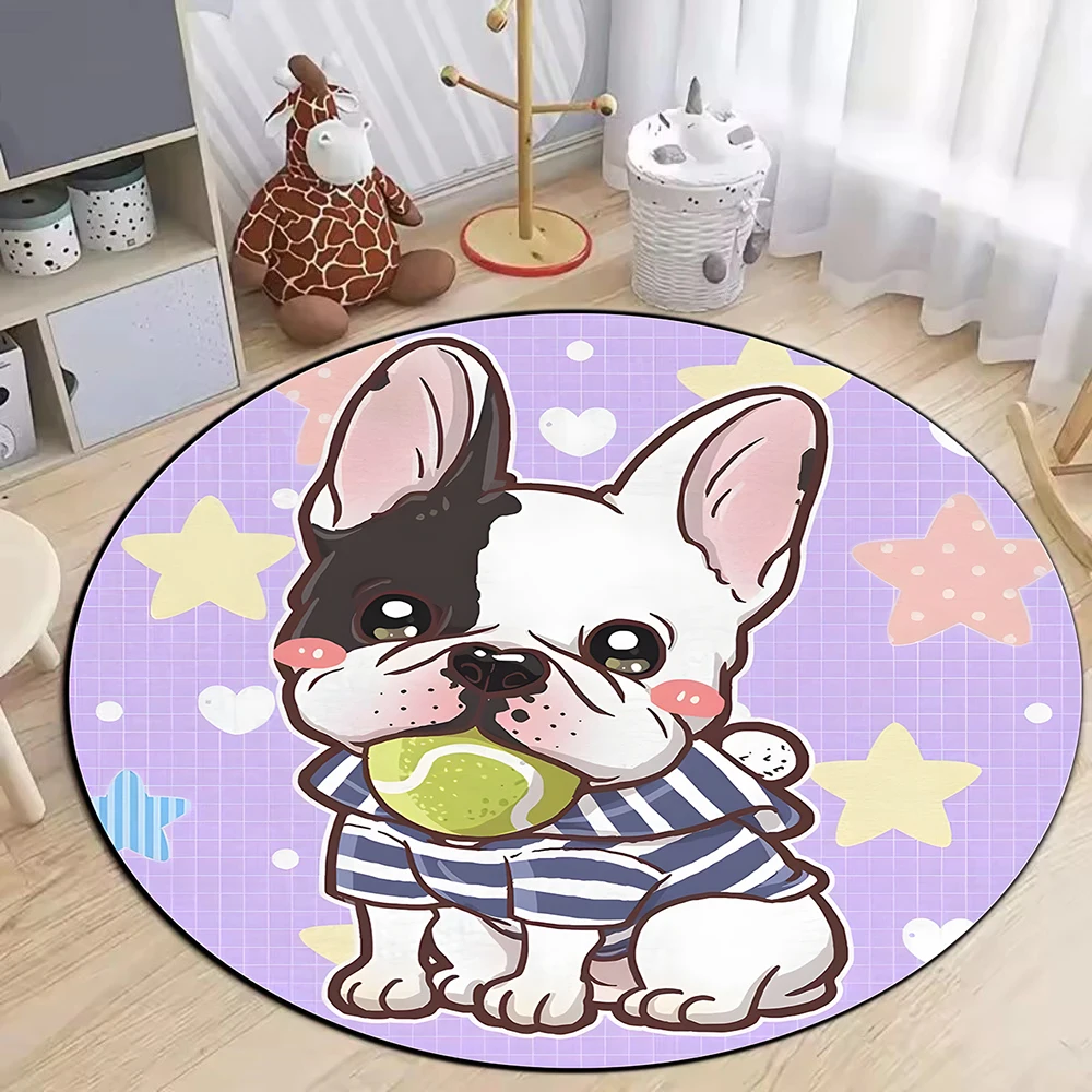 Kawaii Cartoon Dog Pattern Round Carpet Strawberry Balloon Decor Style Cute Pet Style Kids Bedroom Play Area