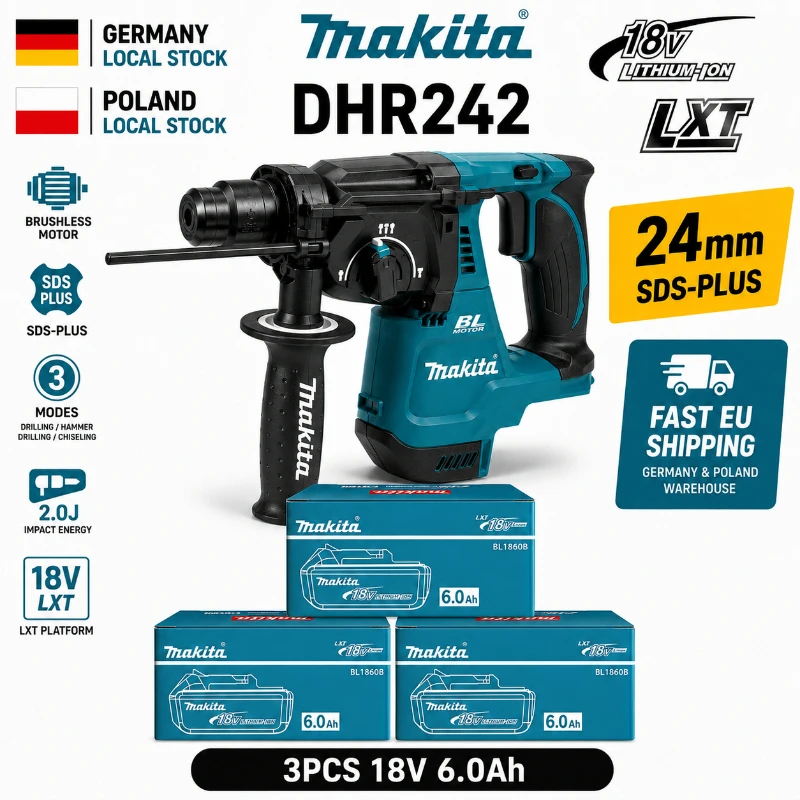 Marteau perforateur rotatif sans balais Makita DHR242 18V d'origine avec batterie et chargeur Makita BL1860B 6.0Ah authentiques, SDS-Plus 24mm, énergie d'impact 2.0J, 4700 BPM, marteau à béton professionnel 3 modes, livraison rapide UE