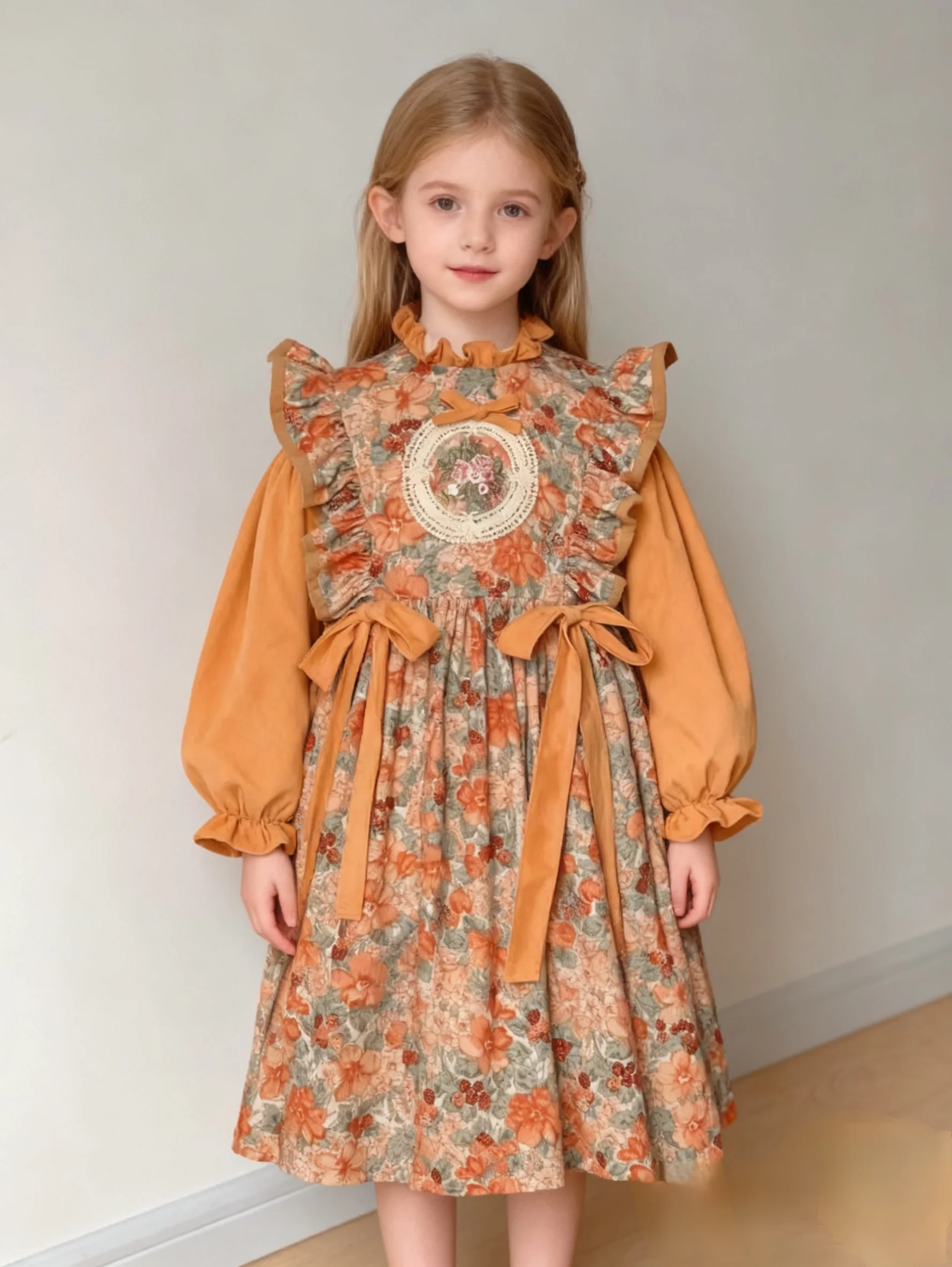 

Girls Skirt 2025 Autumn and Winter New Children's Clothing Girls Baby Velvet Splicing Floral Dress Casual Bow 1-12Y