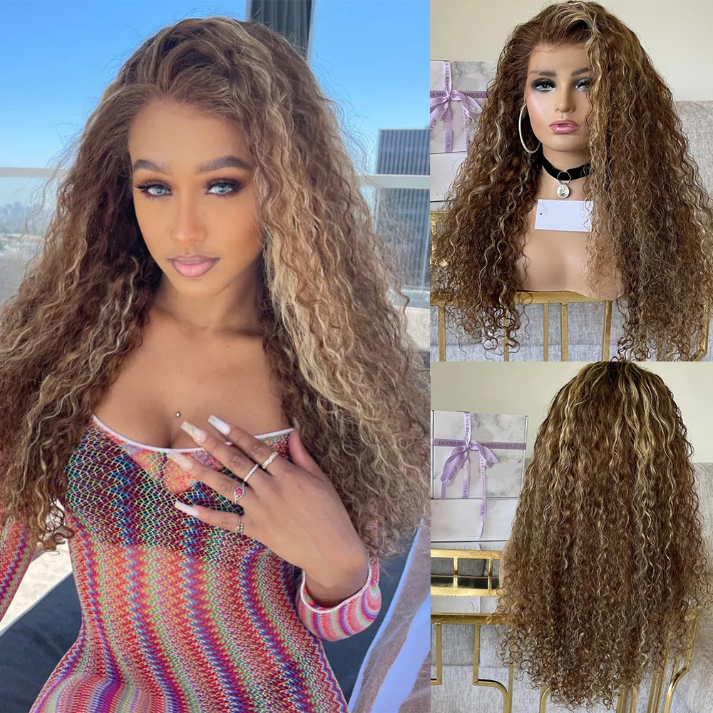 

Glueless Lace Front Wig Caramel Blonde Highlights Goddess Curly Wigs Dark Brown Roots 13x4 Free Style Pre Plucked Hairline 180%