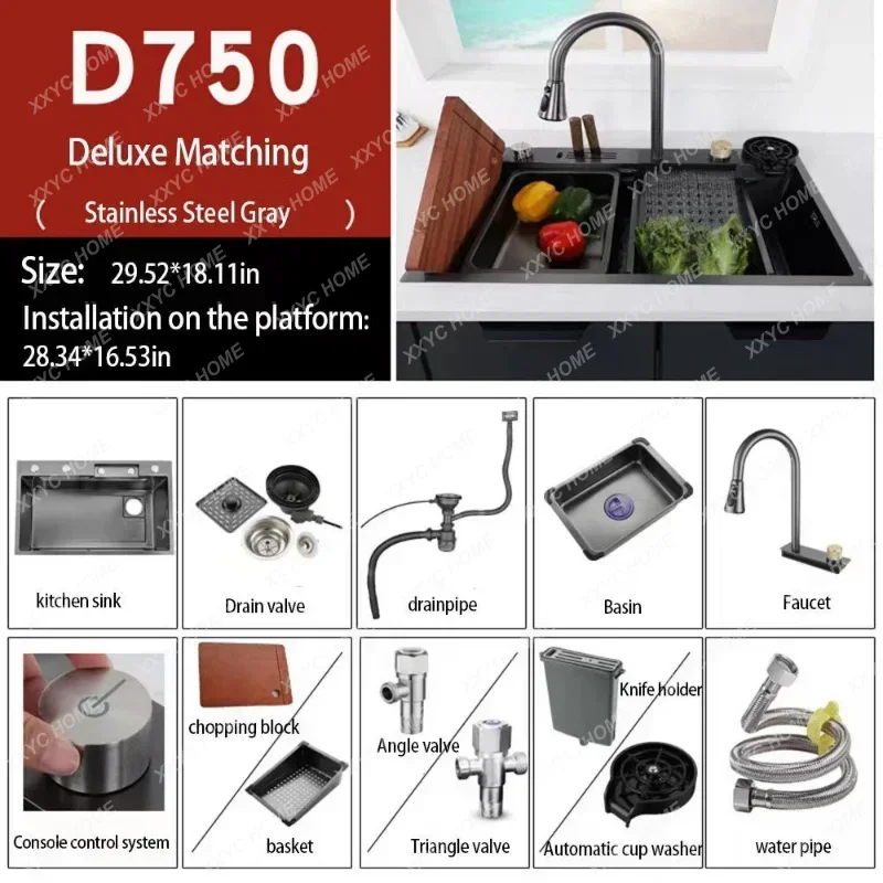 شلال مطبخ 30 بوصة نانو كبير بفتحة واحدة 304 حوض ستانلس ستيل مع حامل سكاكين #3